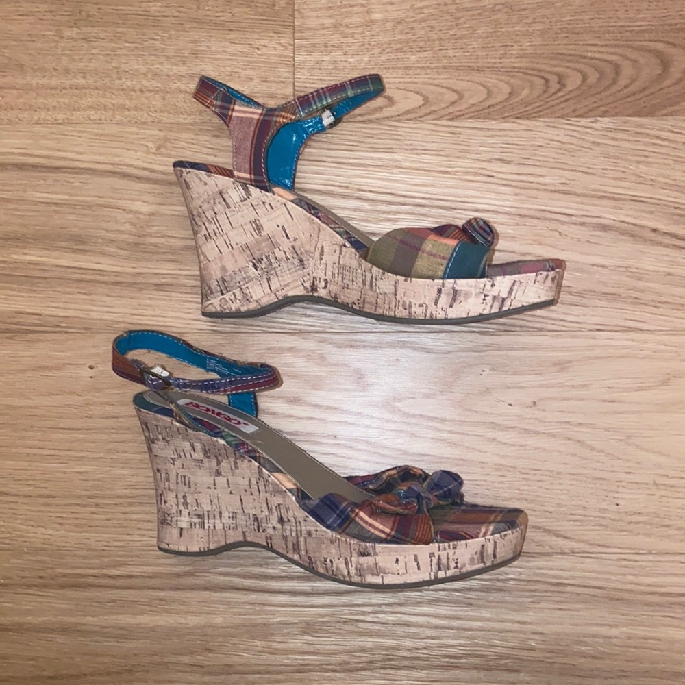 Bongo Plaid Print Cork Wedges